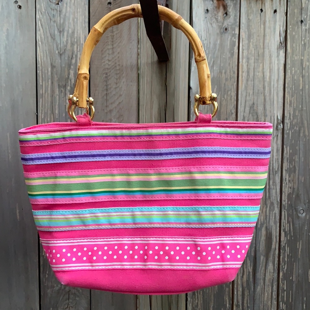 Adorable colorful ribbon purse with bamboo handles💗💛💚💛💗 perfectly preppy!